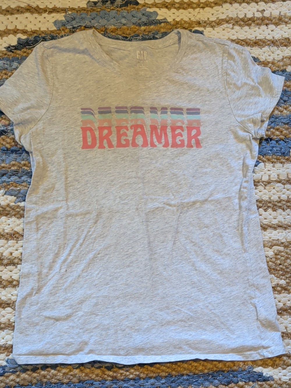 GAP Women’s 'Dreamer' Graphic Tee — Heather Gray with Pink & Pastel Stripes